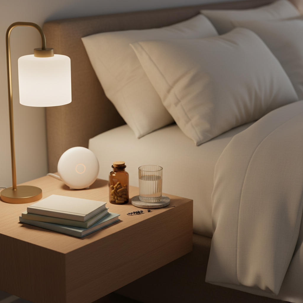 A serene bedroom nightstand scene with a smooth, light oak surface holding a small stack of linen-bound journals, an amber glass bottle of magnesium capsules, and a minimalist white noise machine with a soft glow indicator. Beside them, a clear glass of water rests on a round stone coaster, with a sprig of dried lavender nearby. The background shows a crisply made bed with ivory organic cotton bedding, slightly out of focus. Warm, dim bedside lamp light creates a cocoon-like ambiance, with gentle, elongated shadows that suggest evening calm. Captured from a slightly elevated angle in photographic realism, the composition uses the rule of thirds to emphasize calm, safety, and nervous system regulation within a sophisticated, clutter-free space.