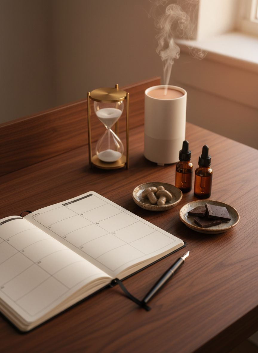 A polished writing desk in a quiet study, featuring an open, cream-colored planner with a clean weekly layout, a fountain pen with a matte black barrel, and a neatly arranged trio of small ceramic dishes holding adaptogen capsules, herbal tincture bottles, and a few dark chocolate squares. A sand-filled glass hourglass slowly drains in the background, next to a slim diffuser emitting a faint, visible mist. Soft, indirect late-afternoon light flows in from an off-frame window, creating a gentle gradient across the wooden desktop. Photographed from a three-quarter overhead angle with a moderate depth of field, the image feels composed, intentional, and introspective, reflecting sophisticated habit-building and regulated routines in a photographic, modern style.