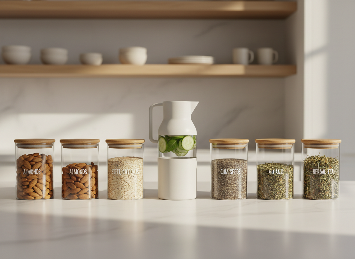 A meticulously organized kitchen countertop featuring clear glass jars filled with whole foods—almonds, steel-cut oats, chia seeds, and herbal teas—each labeled in refined, minimal typography. A tall, matte-white ceramic carafe of filtered water with floating cucumber and mint slices stands centrally on a pale quartz surface. In the background, soft-focus wooden open shelving holds neatly arranged neutral-toned ceramics. Gentle morning sunlight filters through an unseen window, casting understated shadows and delicate highlights on the glass surfaces. Photographed at eye level with a shallow depth of field, the mood is serene, sophisticated, and subtly luxurious, embodying clean living and long-term health in photographic realism with a calm, modern aesthetic.